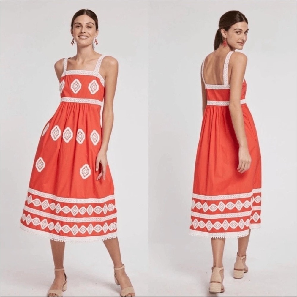 Tyler Boe Candie Embroidered Midi Sun Dress Red White Crochet Lace Preppy Size 8